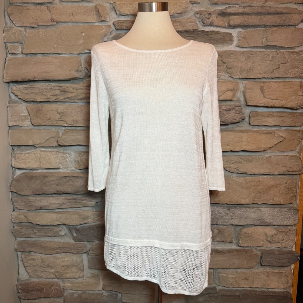 Pure Jill White Linen Rayon Knit Tunic Top Mesh Trim 3/4 Sleeve Women's Small